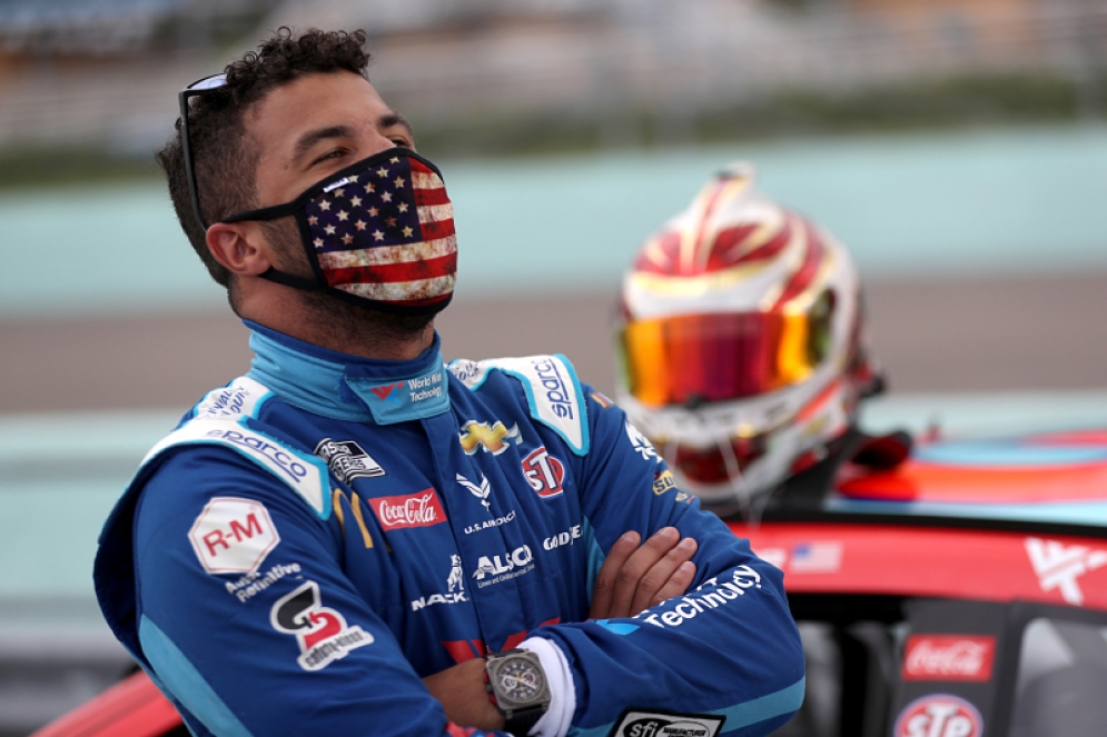 Bubba Wallace is pictured at Homestead Miami Speedway on June 14, 2020. A noose was found in Wallace’s garage at Talladega on Saturday, June 20, in the wake of NASCAR banning the Confederate flag.