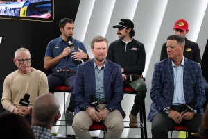 NASCAR President Steve O&rsquo;Donnell is pictured with current and former NASCAR drivers (Mark Martin, Dale Earnhardt Jr., Chase Elliott, Ryan Blaney, Chase Briscoe) at the announcement of the new Chase championship format on Jan. 12, 2026.
