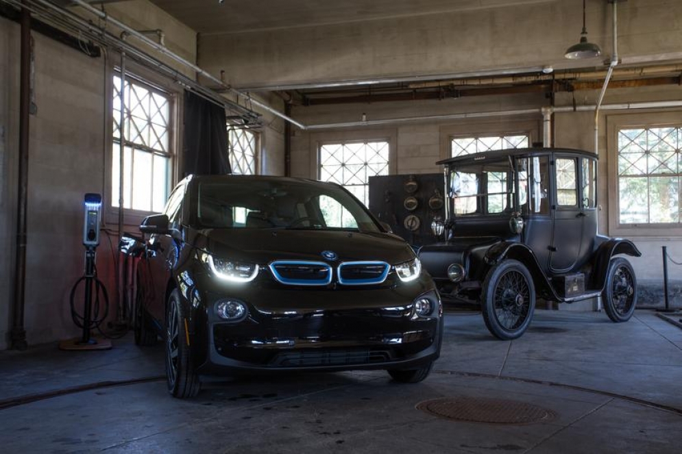 A 2017 BMW i3 electric vehicle and 1914 Detroit Electric Model 47 owned by Thomas Edison and their charging stations are shown inside Thomas Edison’s Glenmont garage at Thomas Edison National Historical Park in West Orange, NJ. BMW of North America, the National Park Service, National Park Foundation and Department of Energy have installed 90 vehicle charging stations in and around America’s national parks, with the remaining 10 stations set to be installed this month.