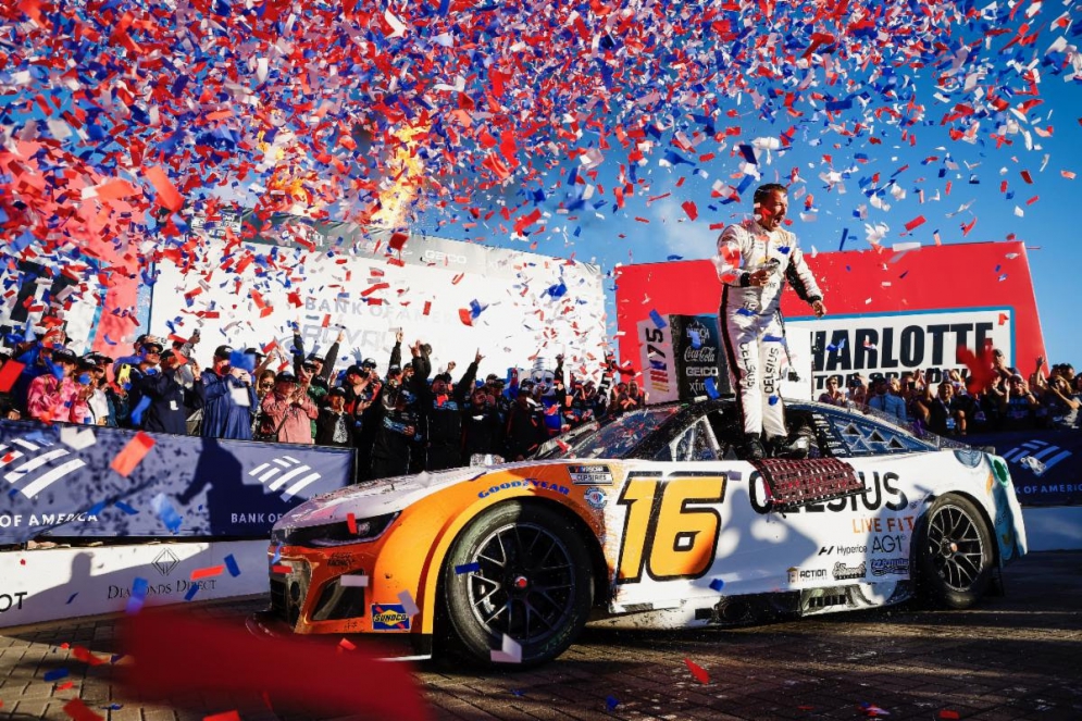 A.J. Allmendinger celebrates his Cup win at the Charlotte Roval on Sunday, October 8, 2023.