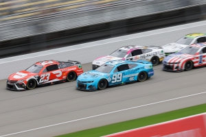 Daniel Suarez, driver of the #99 car for Trackhouse Racing, competes Monday, August 7, in the Cup series race at Michigan Speedway. A strong run in the race has boosted Suarez’s playoff hopes for 2023. 