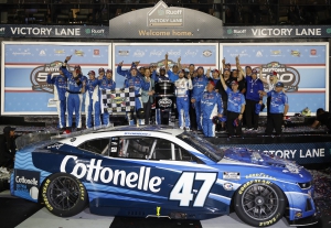 Ricky Stenhouse Jr., driver of the #47 car for JTG Daugherty Racing, celebrates with his team in victory lane after winning the Daytona 500 on February 19, 2023, in Daytona Beach, Florida. The win was the highlight of his season and earned him a playoff spot.