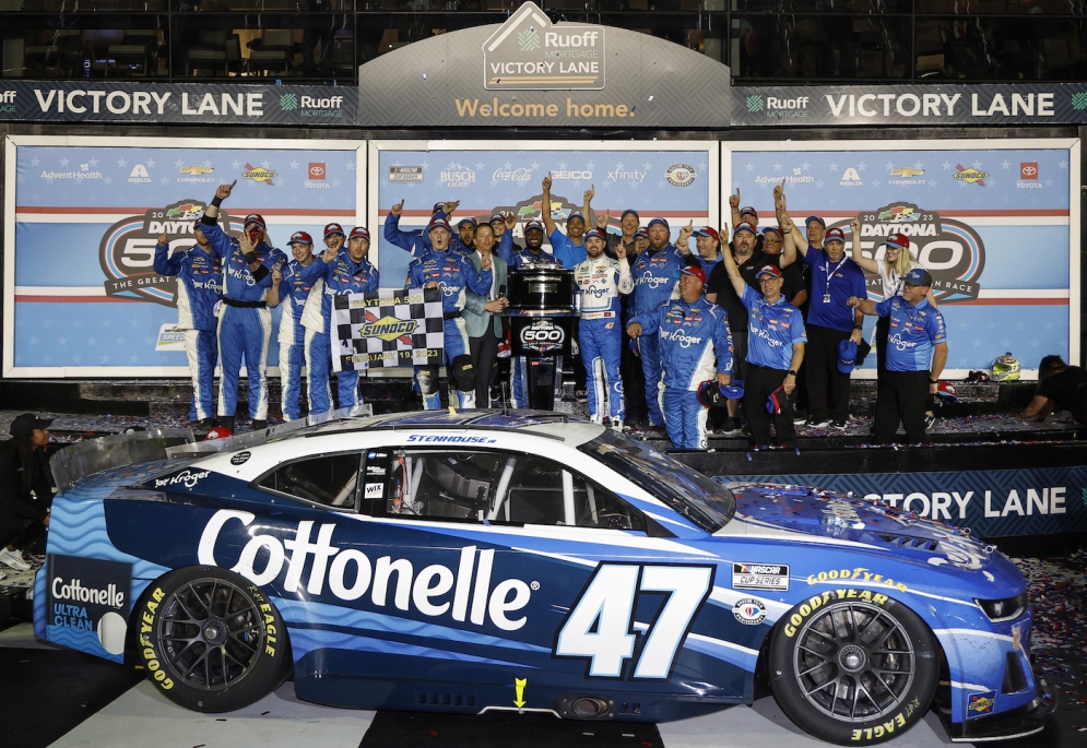 Ricky Stenhouse Jr., driver of the #47 car for JTG Daugherty Racing, celebrates with his team in victory lane after winning the Daytona 500 on February 19, 2023, in Daytona Beach, Florida. The win was the highlight of his season and earned him a playoff spot.
