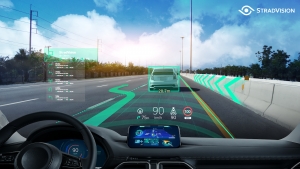 Augmented Reality Head Up Displays, such as the one shown in this rendering from StradVision, will be a big part of safety for ADAS and Autonomous Vehicle safety.