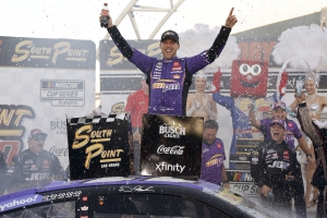 Denny Hamlin celebrates in victory lane after winning the NASCAR Cup Series South Point 400 at Las Vegas Motor Speedway on October 12, 2025 in Las Vegas, Nevada.