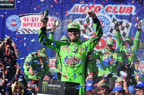 Kyle Busch celebrates in victory lane Sunday after winning his 200th NASCAR race in the top 3 series combined..